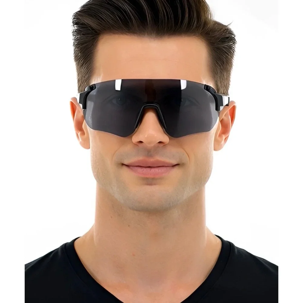 Mens Matte Black Rimless Shield Sunglasses Sport Cycling Wrap Around‎ Smoke Lens